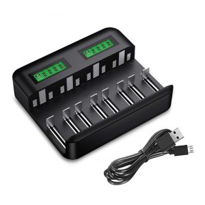 LCD 8 Bay AA AAA C D Universal Battery Charger for Ni-MH AA AAA C D Batteries with 2A USB Port, Type C Input, Fast AA AAA Battery Charger