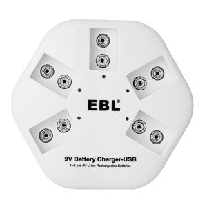 EBL® 9V iQuick USB Battery Charger for 9V 6F22 Lithium-ion Rechargeable Batteries 5 Bay Smart Charger Individual