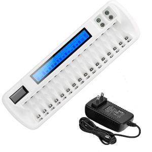 16 Slots Smart Rechargeable Battery Charger with LCD Display for AA AAA NiMH Batteries & Li-ion 9V Rechargeable Batteries with AC Wall Adapter