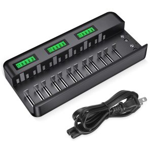 C9036W 12Bay LCD Rechargeable Battery Charger for AA AAA C D Ni-MH Ni-CD Rechargeable Batteries & 9V NiMH Ni-CD Li-ion Rechargeable Batteries (AC Power Supply)
